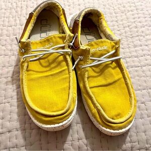 Men’s size 13 Hey Dude shoes muted mustard with brown leather trim